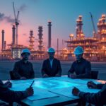 Energy Project Risks, a group of men in hard hats sitting at a table with a blueprint