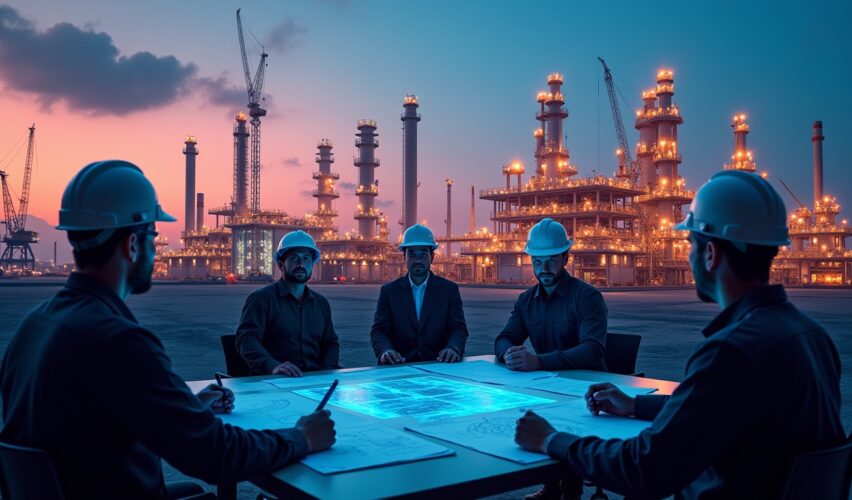 Energy Project Risks, a group of men in hard hats sitting at a table with a blueprint