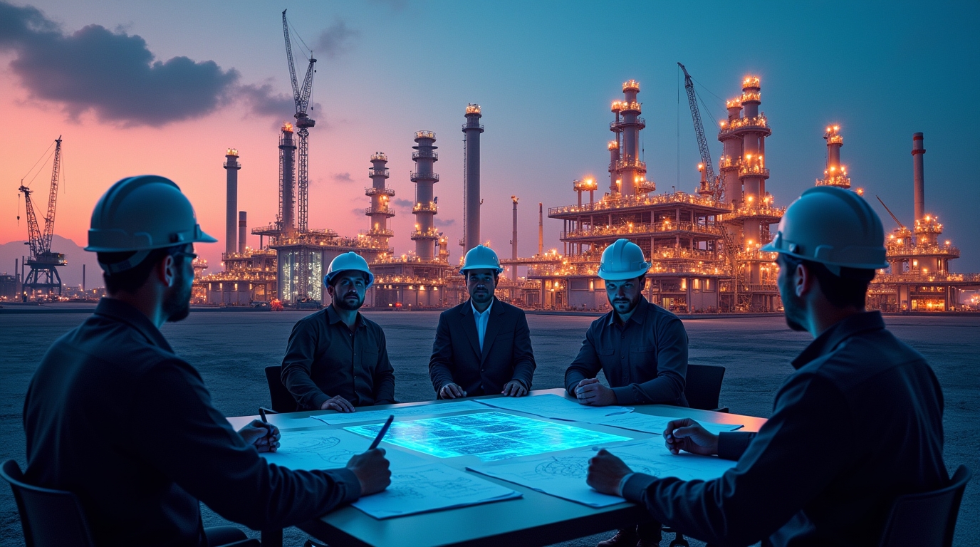 Energy Project Risks, a group of men in hard hats sitting at a table with a blueprint