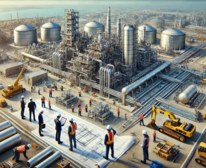 DALL·E 2025 02 04 21.08.14 A highly realistic detailed illustration of an EPC Engineering Procurement and Construction contract scenario at a gas processing plant. The imag